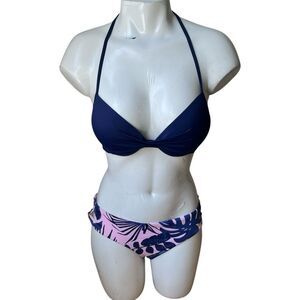 The Bikini Lab Women's Two Piece Bikini Medium Blue and Pink Tropical Pushup